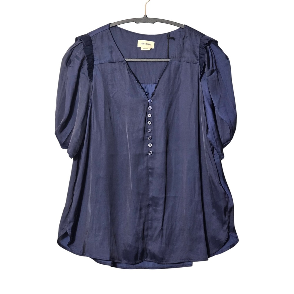 Zadig & Voltaire Twity Satin Blouse L Sailor Navy Blue Ruffle Puff Sleeve NWT